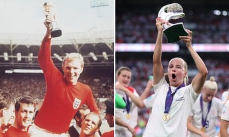 Bobby Moore and Beth Mead parade their trophies at Wembley, 56 years apart.