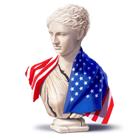 a white female bust with an american flag draped on its shoulders