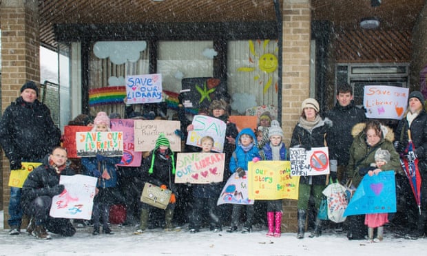 Children protest outside Brackley Library on 1 March 2018, after swingeing library cuts were announced throughout the county.