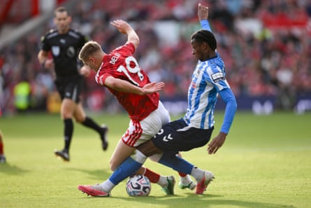 Stephen Mfuni fouls Liam Delap during a fine showing by the teenage defender.