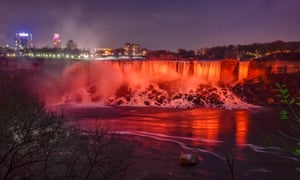 Niagara Falls, Horseshoe Falls, bathed in orange light on 24 November