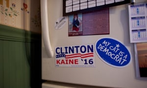 A Hillary Clinton magnet is displayed on the refrigerator of Jennifer Newland