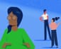 An illustration of a woman facing front with her arms folded, with two people speaking, one shrugging, in the background