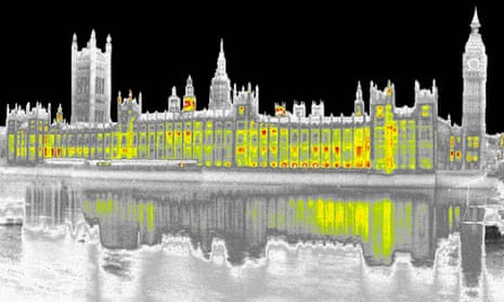 Infrared imaging shows CO2 and heat loss from the Houses of Parliament, London. Last year the government scrapped new rules on Zero Carbon Homes. 
