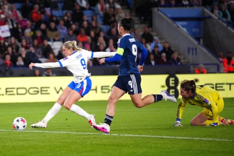Alessia Russo (left) gets past Greece goalkeeper Styliani Katergiannaki (right) and slots the ball home for her second goal and England’s fifth.