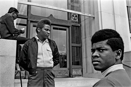 Panther supporters on the steps of the Alameda County courthouse, waiting to attend the trial of Huey Newton in Oakland, July, 1968.