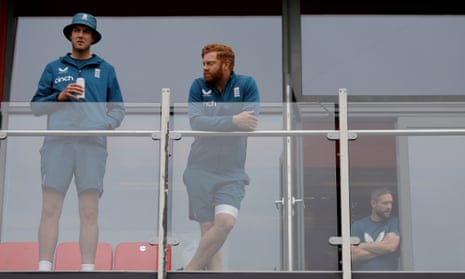 The Ashes 2023: England v Australia, fourth Test, day four – live | Ashes 2023 4 Stuart Broad, Jonny Bairstow and Chris Woakes wait for play to start as rain stops during day four of the 4th Ashes test match between England and Australia at Emirates Old Trafford.