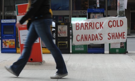 Sign reading Barrick Gold Canada's Shame