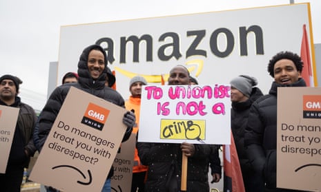 Workers on strike outside an Amazon warehouse in Coventry in January 2023.