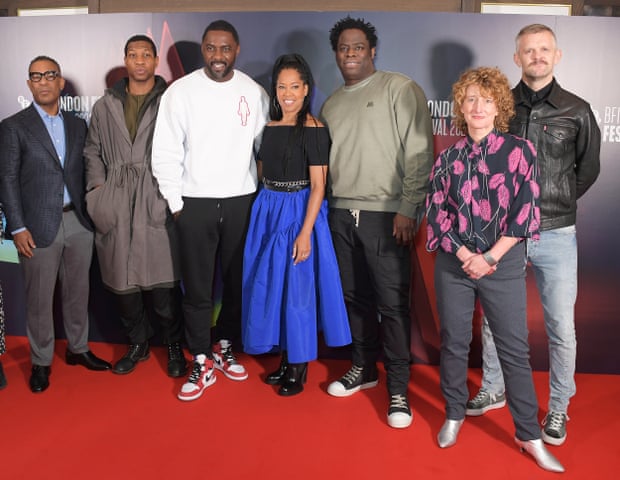 Roberts (on right) at a The Harder They Fall photo call at the BFI London film festival in October 2021, with (from left) producer James Lassiter, stars Jonathan Majors, Idris Elba and Regina King, director Jeymes Samuel and festival director Tricia Tuttle.
