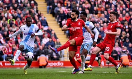 Mohamed Salah has a shot blocked with the goal seemingly at his mercy.