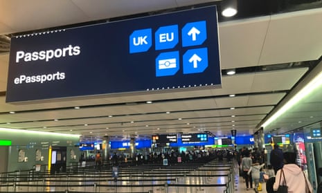 The UK border control point at the arrivals area of Heathrow airport in London.
