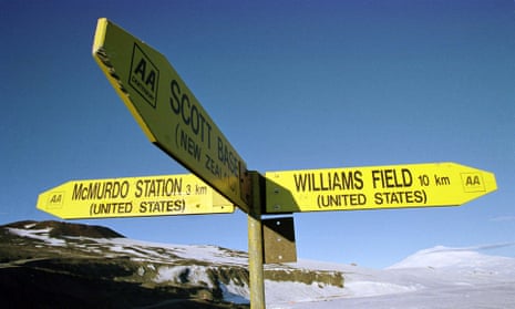 Sign in Antarctica pointing to Scott Base, Williams Field and McMurdo Station