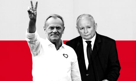 A composite image of Donald Tusk and Jarosław Kaczyński superimposed on the Polish flag