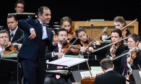 Tugan Sokhiev conducts the Berlin Philharmonic orchestra in Germany in 2019.