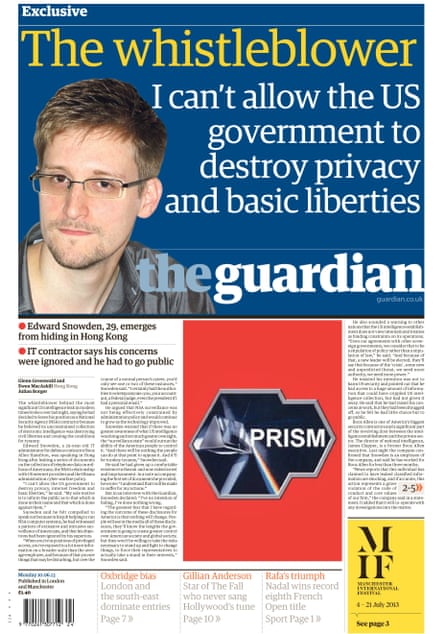 The Guardian front page on 10 June 2013.