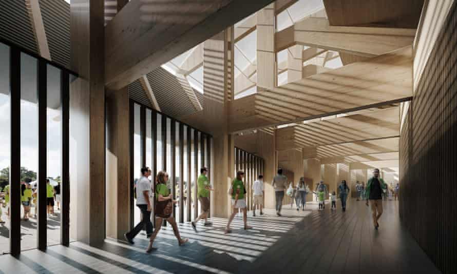 A computer-generated image shows a concourse of the new Forest Green Rovers stadium “Eco Park”, which will be made almost entirely out of wood.