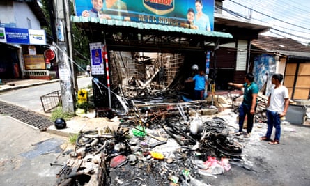 A fire-gutted business establishment in Sri Lanka after a state of emergency was declared in March 2018.