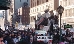 File Picture dated 25 February 1989 of muslims demonstrating outside the New York headquarters of Viking/Penguin, publisher of "The Satanic Verses", and calling for the execution of the author Salman Rushdie.