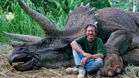 Steven Spielberg with a dead triceratops – er, prop – on the set of Jurassic Park.