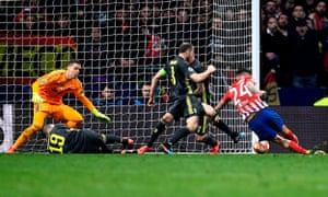 Jose Gimenez, of Atletico Madrid, scores for his first goal.