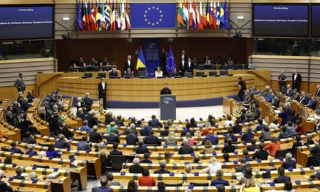 Zelenskiy delivers his speech.