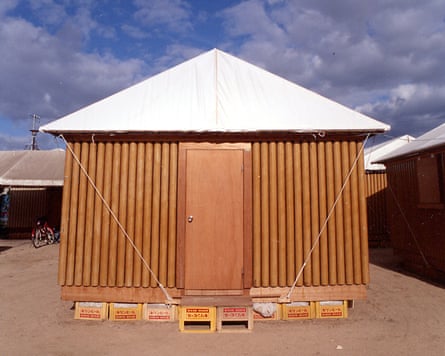 Emergency relief … cardboard tube housing with beer-crate foundations for the displaced population of Kobe after the 1995 earthquake.