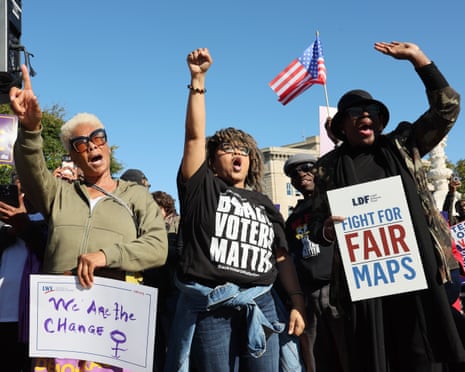 Activists and participants gather in front of the supreme court during re-argument of Louisiana v. Callais in October.