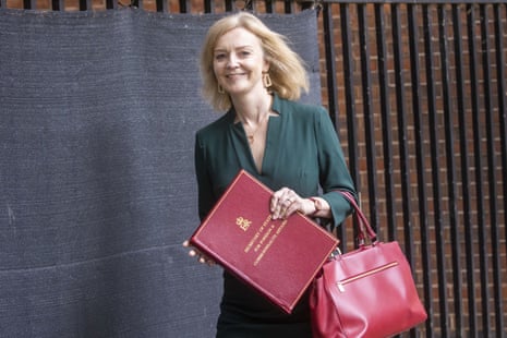 Liz Truss arriving for cabinet earlier today, brandishing the portfolio for her new post, foreign secretary.