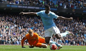 Manchester City’s Kelechi Iheanacho goes around Stoke City goalkeeper Jakob Haugaard to score his second and City’s fourth goal.