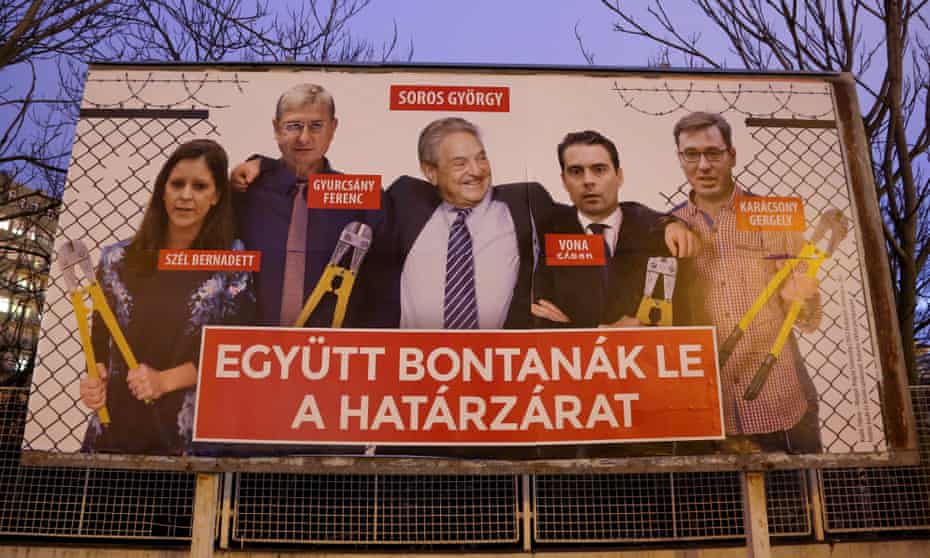 George Soros and rival candidates holding bolt cutters on election poster