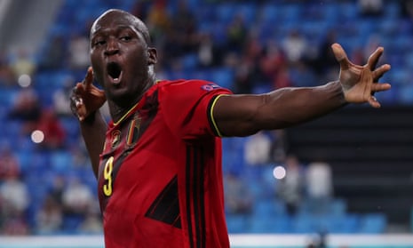 Romelu Lukaku celebrates after scoring the second of his two goals for Belgium in their 3-0 Euro 2020 win over Russia.