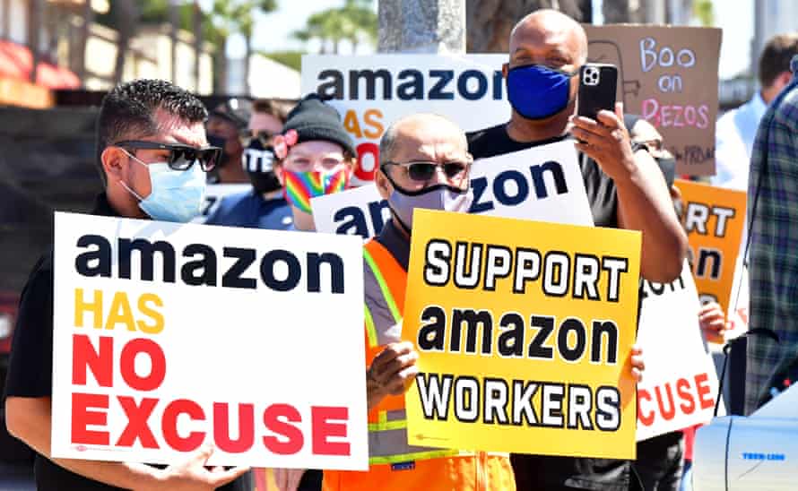 Amazon workers protest in Santa Monica, California, on 24 May.
