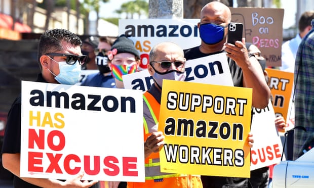 Supporters of Amazon workers protest in Santa Monica, California, in May 2021. 