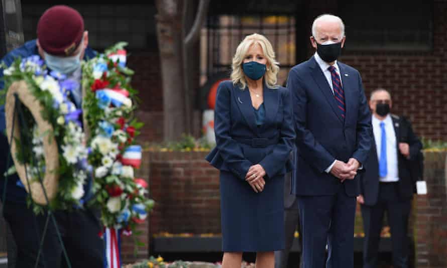 Joe Biden and his wife, Dr Jill Biden, at the Korean war memorial park in Philadelphia, Pennsylvania, on 11 November.