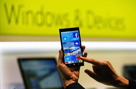 Microsoft showing a smartphone with the Windows 10 operating system at the CeBIT trade fair in Hanover in March