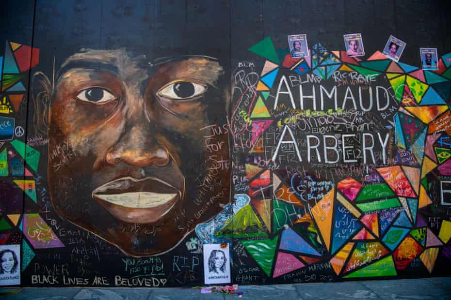 A mural for Ahmaud Arbery is seen near the justice center and federal courthouse in Portland.
