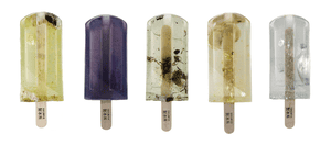A selection of popsicles made from polluted water by three design students from the National Taiwan University of the Arts. Water was sourced from 100 different polluted sources around Taiwan for the project, 100%純污水製冰所 (“Polluted Water Popsicles”).