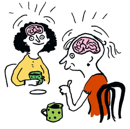 Illustration of two people drinking tea, showing pin brains inside their heads