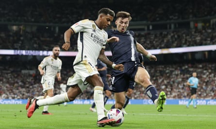 Kieran Tierney battles with Real Madrid’s Rodrygo at the Santiago Bernabéu