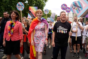 Shadow secretary of state for women and equalities Anneliese Dodds, Labour party deputy leader Angela Rayner and Labour party leader Keir Starmer join members of the LGBT+ community