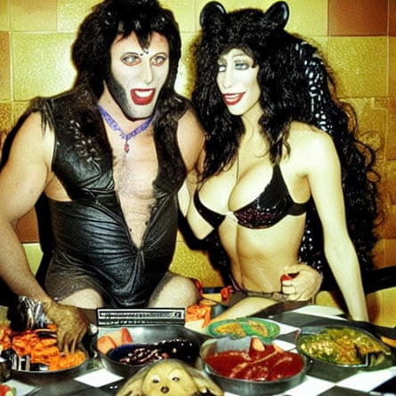 Painting of Cher and a werewolf at a buffet in Las Vegas: AI artwork created by Lindsey Mendic.