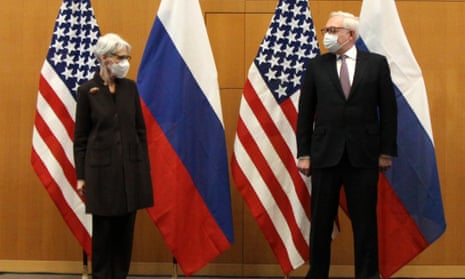 US deputy secretary of state Wendy Sherman and Russian deputy foreign minister Sergei Ryabkov attend security talks between the US and Russia, in Geneva,  on Monday.
