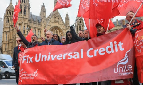 Jeremy Corbyn attends a protest over universal credit, which the National Audit Office concludes is is too complex and would cost too much to halt at this stage. 