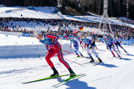 Johannes Høsflot Klæbo powers away in the men’s team sprint free cross-country skiing event