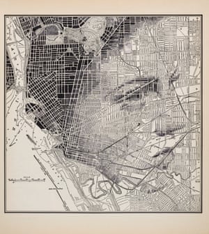 A portrait drawn on a map of Buffalo, NY by artist Ed Fairburn.