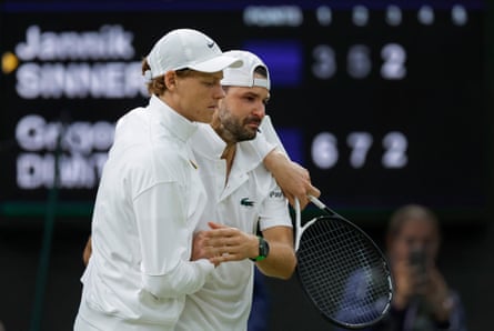 Grigor Dimitrov is in tears as he retires hurt when leading by two sets to love against Jannik Sinner on Centre Court.