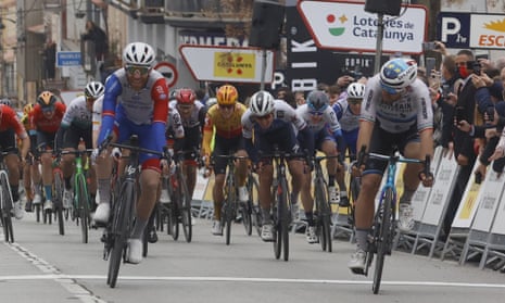 Sonny Colbrelli (right) crosses the finish line just behind Michael Matthews at the end of the first stage of the Volta a Catalunya