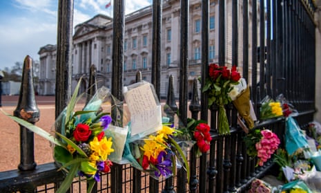 Floral tributes to Prince Philip outside Buckingham Palace