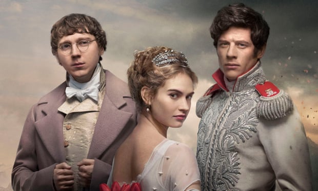 Paul Dano, Lily James and James Norton all in period costume with Norton in military uniform in BBC TV's War and Peace.